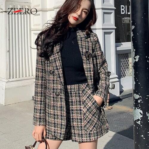 Autumn Winter Warm Wool Tweed 2 Piece Set Woman Vintage Plaid Double Breasted Long Sleeve Blazer Jacket + High Waist Shorts Suit
