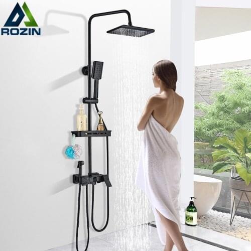Matte Black Shower Faucet Wall Mounted Rainfall Bathroom Shower Set with Bidet Push Button Switch Brass Hot Cold Water Mixer Tap