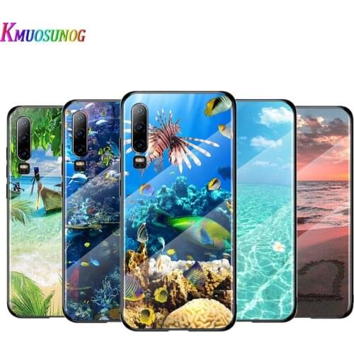 Sea Beach Sunset Glow For Huawei P40 P30 P20 P10 Pro Plus Lite 5G 2019 Tempered Glass Cover Shell Luxury Phone Case
