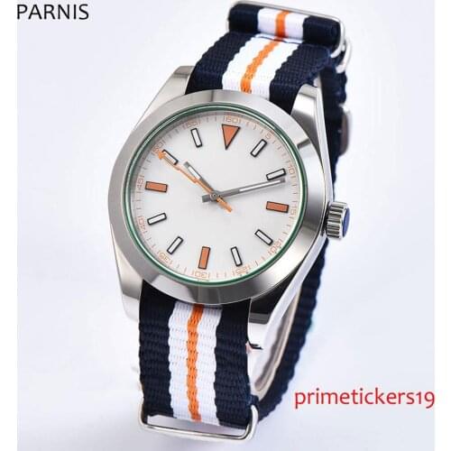 40mm parnis white dial sapphire glass polished case nylon strap 316L steel automatic mens watch PA1064