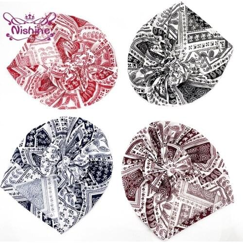 Nishine 18*19 CM Soft Comfortable Baby Turban Hat Cute Print Bowknot Newborn Caps Children Headwear Hair Accessories Photo Props