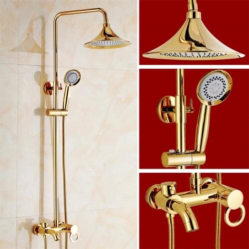 Bath Shower Mixer Faucet Set Brass Rotate Tub Spout Wall Mounted 8" Rainfall Shower Head With Handshower Gold Bathtub Faucet