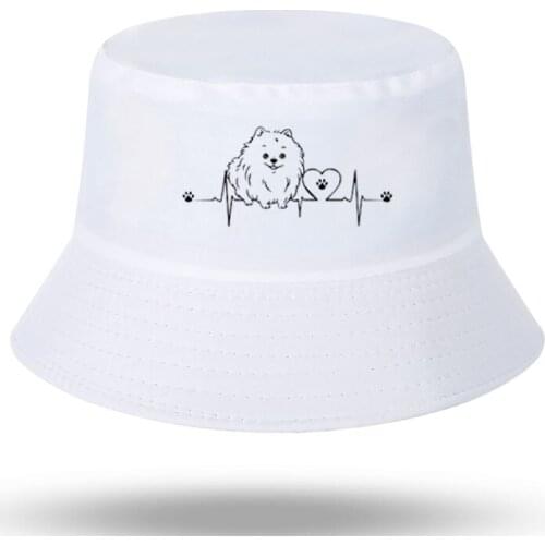 New Pomeranian Print Men Women Cute Heartbeat Dog Casual Bucket Hat Outdoor Sunscreen Beach Hat Sun Hiking Fishing Cap