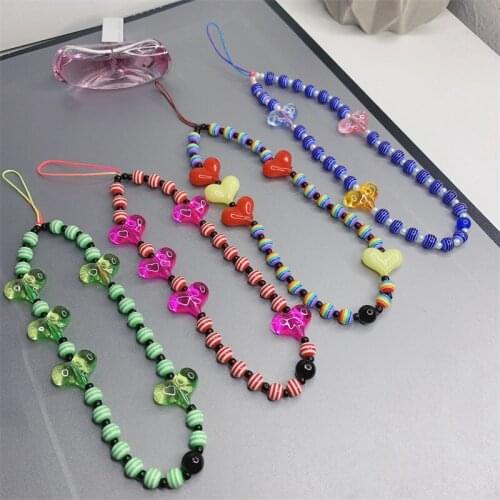New Colorful Handmade Acrylic Beads Heart Mobile Phone Chain Cellphone Charm Anti-lost Lanyard For Women Summer Accessories
