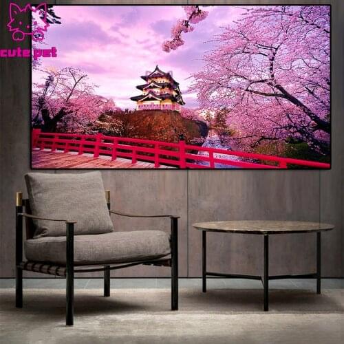 New arrival Diamond Painting Japanese cherry blossom building Mosaic Embroidery Full Drill Diy Cross Stitch scenery Home Decor