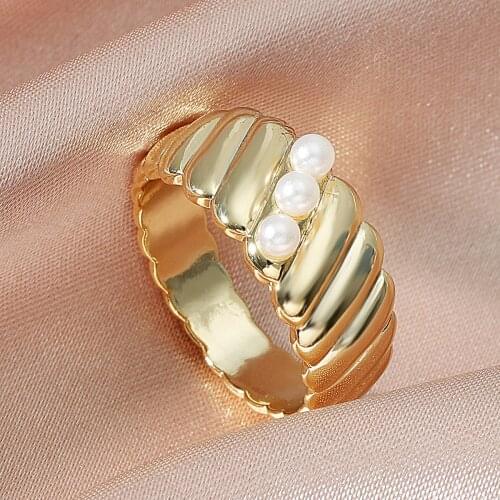 LATS New Vintage Baroque Pearl Wedding Rings for Women Girl Fashion Gold Copper Geometric Thread Party Ring 2021 Trend Jewelry