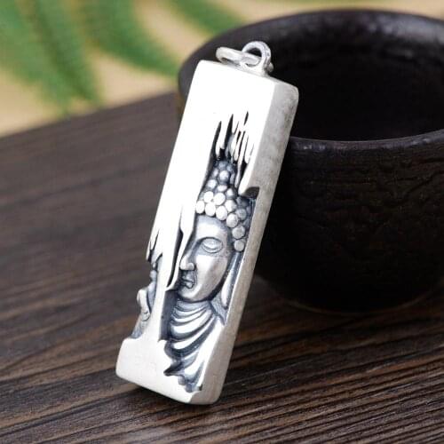 New resl S990 pure silver mens and womens pendant retro matte Thai silver ethnic style "Buddha" word lotus buddha pendant