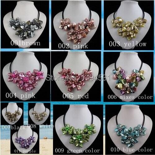 Wholesale Flower Jewelry Handmade Freshwater Pearl Natual Mixes Shell Flower Necklace Black Rope Jewelry 18 Inches 10pcs/lot