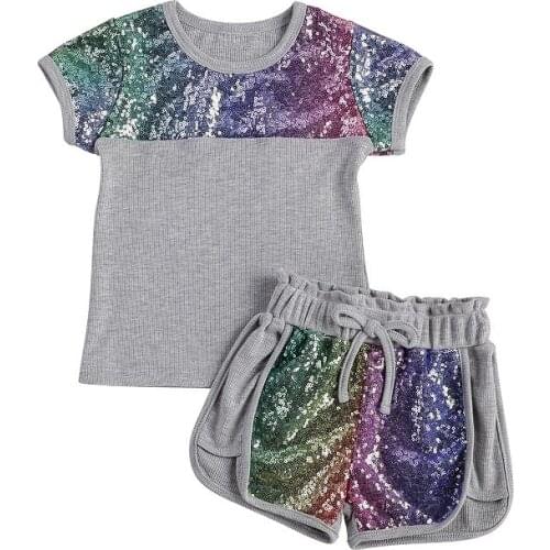 2-7Y Fashion Kids Girls Summer Clothes Sets 2pcs Sequined Print Short Sleeve Pullover T Shirts Tops Shorts