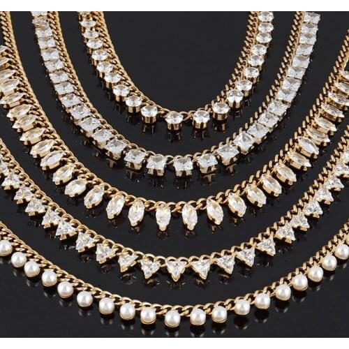 Punk Square Round Pendant Zircon Necklaces Stainless Steel Necklace For Women Pearl Necklace Gold Chain Choker Necklaces Jewelry