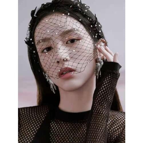 Black Mesh Rhinestone Veil Accessories Headband Vintage Bow for Woman Simple Short Wedding for Evening Headwear Veil