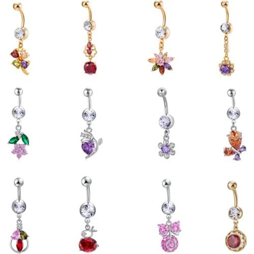 Stainless Steel Navel Button Piercings Colorful Zircon Rhinestone Belly Bars Sexy Piercings Dangle Piercing Jewelry for Women