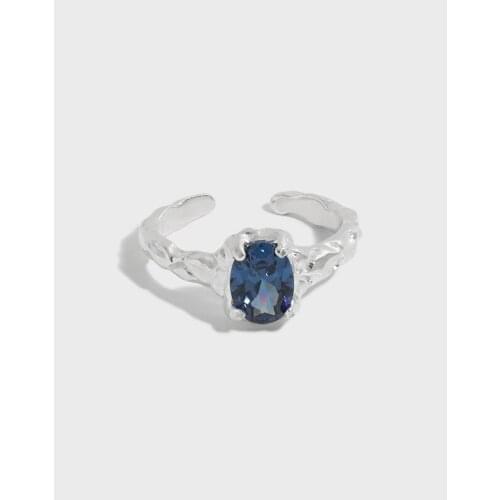Real. Authentic 925 Sterling silver Irregular Texture 4-Prong Blue Gems Solitaire Oval Ring Wedding Jewelry C-JT653
