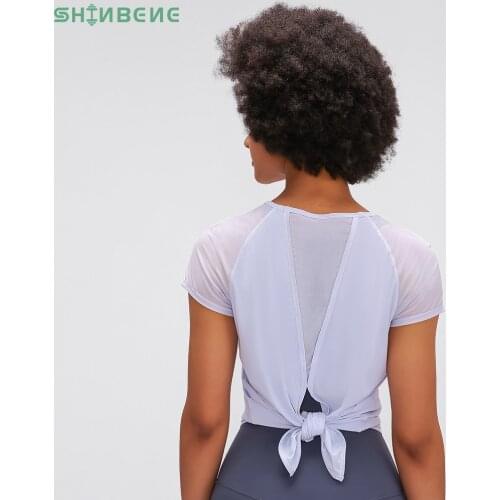 SHINBENE BACK TIE Cool Yoga Athletic Running T-shirt Women Ultra-light Plain Sport Fitness Workout Tops Tee Short-sleeved Shirts