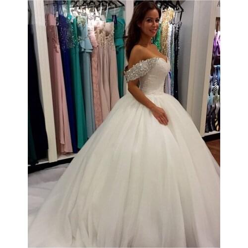 Off the Shoulder Wedding Dress Dubai Arabic Wedding Gown Bride Dress Ball Gown Crystal Applique vestido De Noiva Robe De Mariee