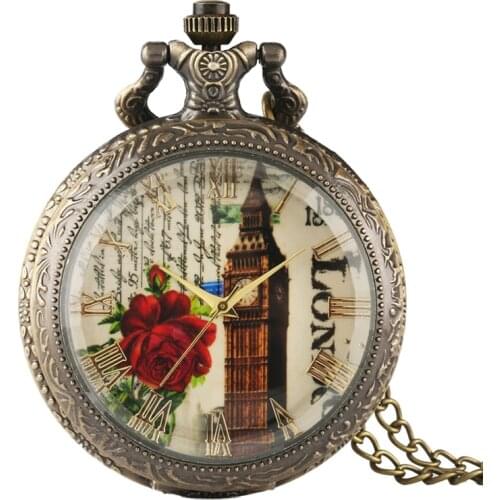 Vintage Glass Transparent Cover London Tower Big Ben Rose Quartz Pocket Watch Elegant Women Ldiess Watches Necklace Gift P967