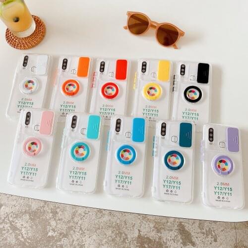 Slide Camera Lens Protection Phone Case For VIVO Y12 Y15 Y17 Y11 Y12S Y20 Y30 Y50 Soft TPU Shell Ring Stand Holder Back Cover