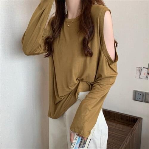 High Street Fashion Casual T Shirt Women O-Neck Cut Out Shoulder Cotton T-Shirt Female Pullover Long Tee Shirt Femme