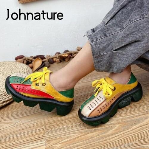 Johnature Pumps Women Shoes Mixed Colors Retro Genuine Leather Lace-Up Platform Heels 2021 New Concise Handmade Ladies Shoes
