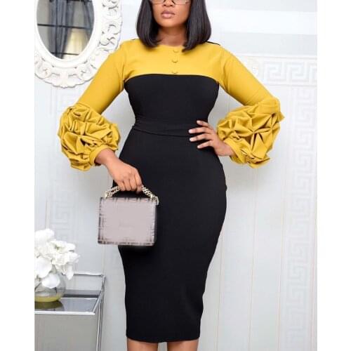 Women Dress Office Ladies Work Wear Bodycon Full Puff Sleeve Patchwork Fashion Autumn Fall Vestidos Dress OL Temperament Commute