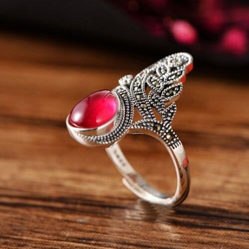 S925 sterling silver vintage personality garnet inlaid mark stone openwork pattern womans silver adjustable ring