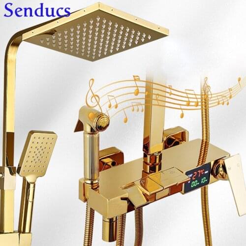 Gold Hot Cold Digital Bathroom Shower Set Wall Mounted Shower Set Thermostatic Bath Shower Set Piano Keys 12inch shower