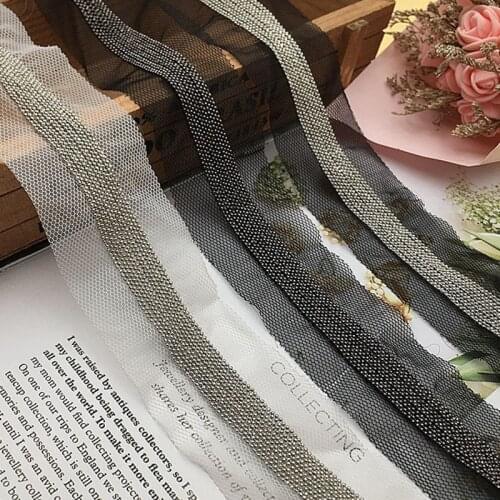 1Yard Silver Beaded Chain Fringe Trimming Lace Black Mesh Fabric DIY Craft Sewing Accessories Clothing Decoration Tassel Lace