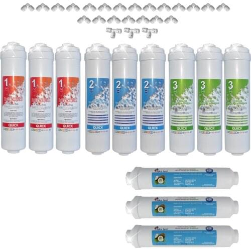 4 Stage Replacement İnline Water Filter PP Sediment, Gac, Gac + T33 NSF Europost 2.5" OD X 12" Length, 1/4" New Quick Thread X3