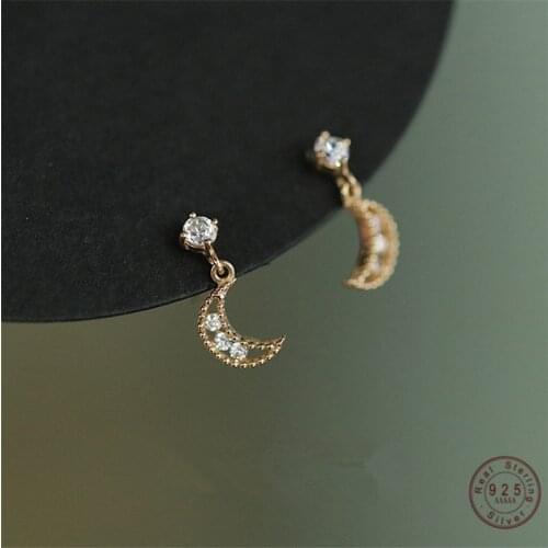 925 Sterling Silver 14K Gold French Crystal Stud Earrings Women Fashion Hollow Moon Earrings Light Luxury Wedding Jewelry
