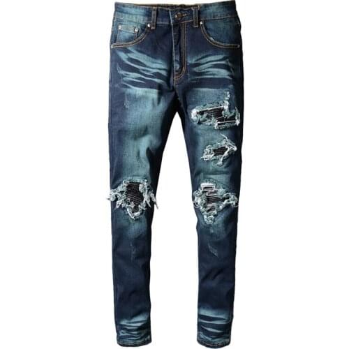 New mens male trousers European American street fashion brand autumn ripped PU patch jeans stretch slim denim pants