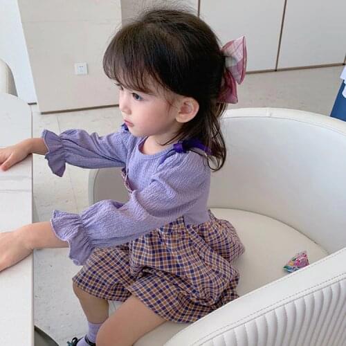 Children Plaid Dress Girls Patchwork Style Long Sleeve Mid Length Gowns Kids Casual Light Dresses Daily Clothing 2-10 Years