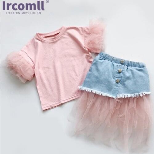 Ircomll 2-7Y 2pcs Toddler Baby Girls Clothes Set T-shit + Lace Patchwork Denim skirt Summer Sweet Princess Girl Costume Outfits