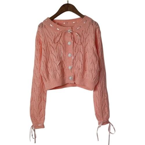 Sweet Sweater Women Thin Hollow Out Lace Up Cardigan O-Neck Small Fresh Cropped Sweater 2020 Korean Tops Coat