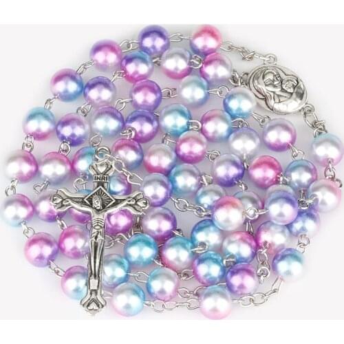 2018 Creative New Simulated Colorful Pearl Rosary Long Necklaces 8mm Beaded Catholic Holy Land Crucifix Cross Rosary Jewelry
