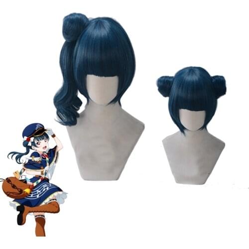 Lovelive Sunshine Tsushima Yoshiko Dark Blue Bun Cute Cosplay Role Play Synthetic Hair Halloween Party Carnival + Free Wig Cap