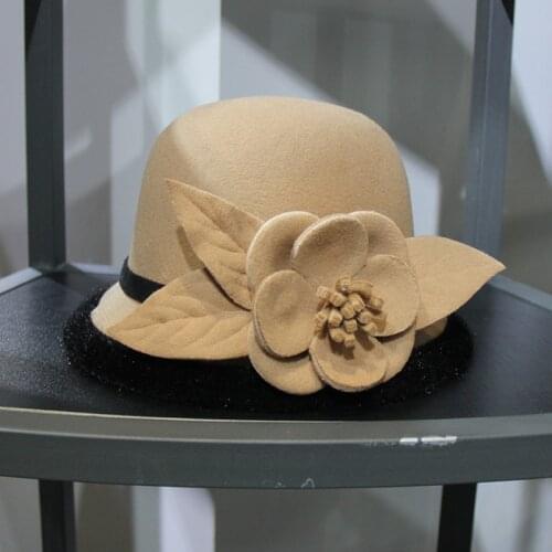 Fashion Autumn Winter Womens Fedora Hat Textural Florals Warm Bucket Hat Woolen Warm Dome Flowers Fedora Hat