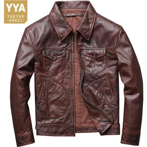 2021 Autumn New Mens Genuine Leather Vintage Biker Jacket Turn-Down Collar Zippers Pockets Slim Japanese Style Male Short Coat
