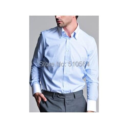 Custom made men 100%Cotton shirt Business casual men slim shirt light blue double collar shirt