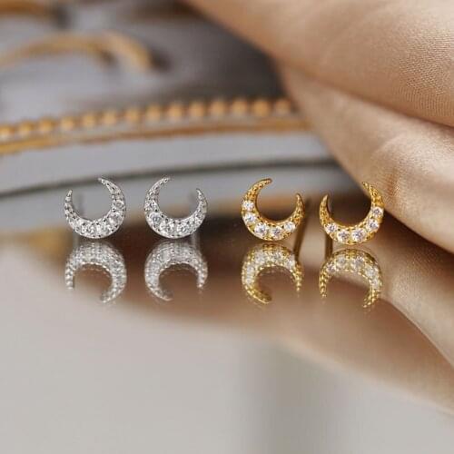 Real 925 Sterling Silver Gold Earrings Cute Female Small Moon Stud Earrings Crystal Zircon Stone Wedding Earrings For Women Gift