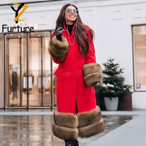 Women Winter Cashmere Lapel Coat With Thick Real Fox Fur Cuffs Hem 100cm Long Warm High Quality Fashion Woollen Cloth Overcoats