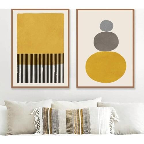 Minimalist Style Lines Stripes Circle Poster Mustard Colors Gray and Black Canvas Painting Wall Art Print Pictures Living Room