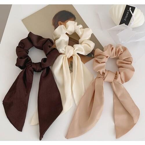 Luxury Satin Silk Bow Streamers Hair Ring Knotted Scrunchie Women Ponytail Hair Ties Solid Color Rubber Band Hair Accessories