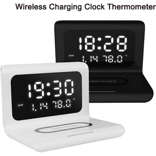 3in1 LED Electric Alarm Clock 10W Qi Wireless Charger Phone Wireless Charging Time Display Thermometer For Iphone Huawei Samsung