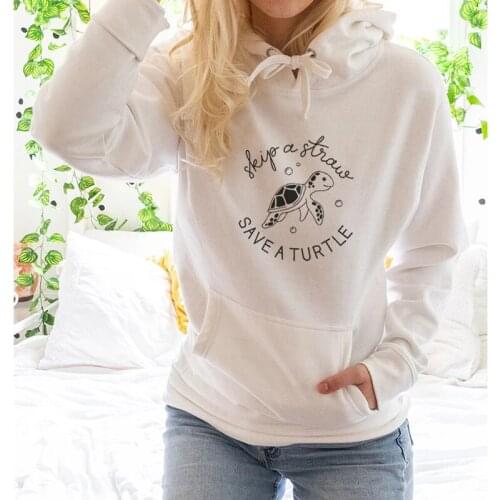 Skip A Straw Save A Turtle Vegan Hoodies Trendy Women Graphic Pullovers Streetwear Autumn Long Sleeve Organic Sweatshirts Femme
