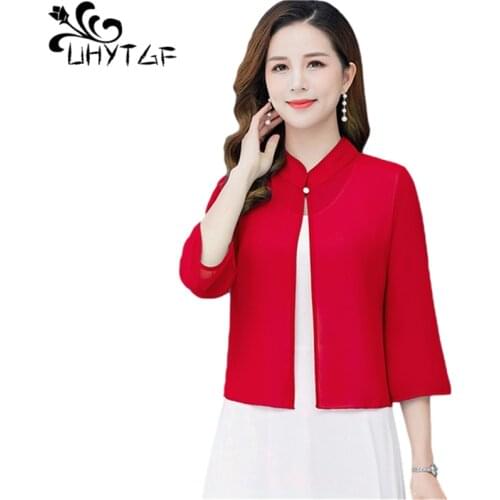 UHYTGF Fashion Chiffon Summer Tops Jacket Solid Wild Cardigan Womens Thin Sunscreen Clothes Elegant Female Plus Size Coat 1320