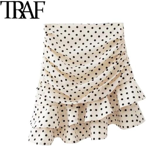 TRAF Women Chic Fashion Polka Dot Ruffled Asymmetric Mini Skirt Vintage High Waist Back Zipper Female Skirts Mujer