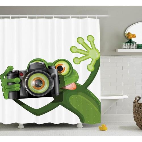 Animal Shower Curtain Photographer Merry Green Frog Taking with His Camera Cute Funny Artful Print Bath Curtains For Bathroom