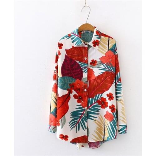 2021 New Women Plantain Leaf Floral Print Chiffon Blouses Lapel Button Long Sleeve Hawaiian Beach Shirt Vintage Loose Tops Blusa