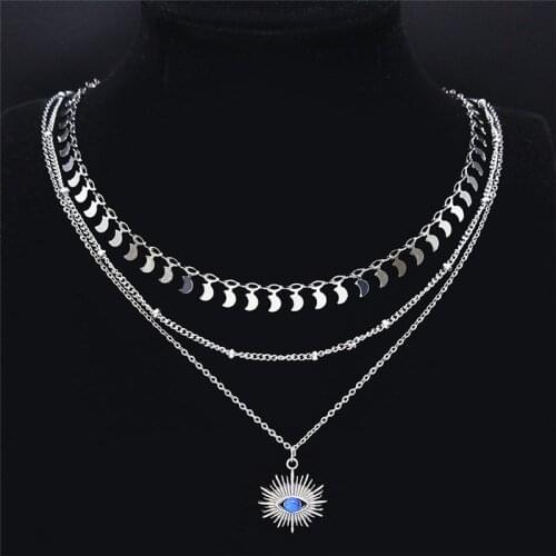 3PCS Boho Eye Blue Opal Stainless Steel Charm Necklace for Women Silver Color Layered Chain Necklace Jewelry collier NXS04