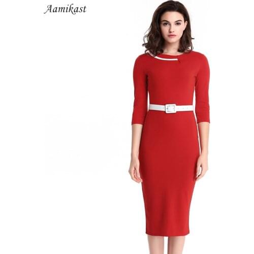 AAMIKAST Women Dresses Elegant O-neck Patchwork Three Quarter Sleeve Casual Party Vintage Business Dresses S M L XL XXL XXXL